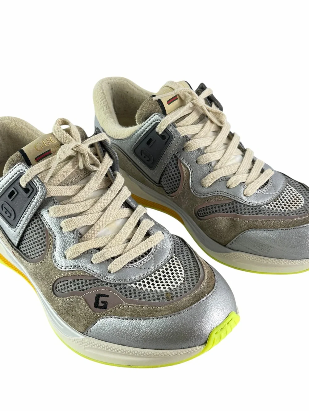 GUCCI 587242 Ultrapace Men's Sneakers in Silver Metallic Multi 8.5 - 9 US